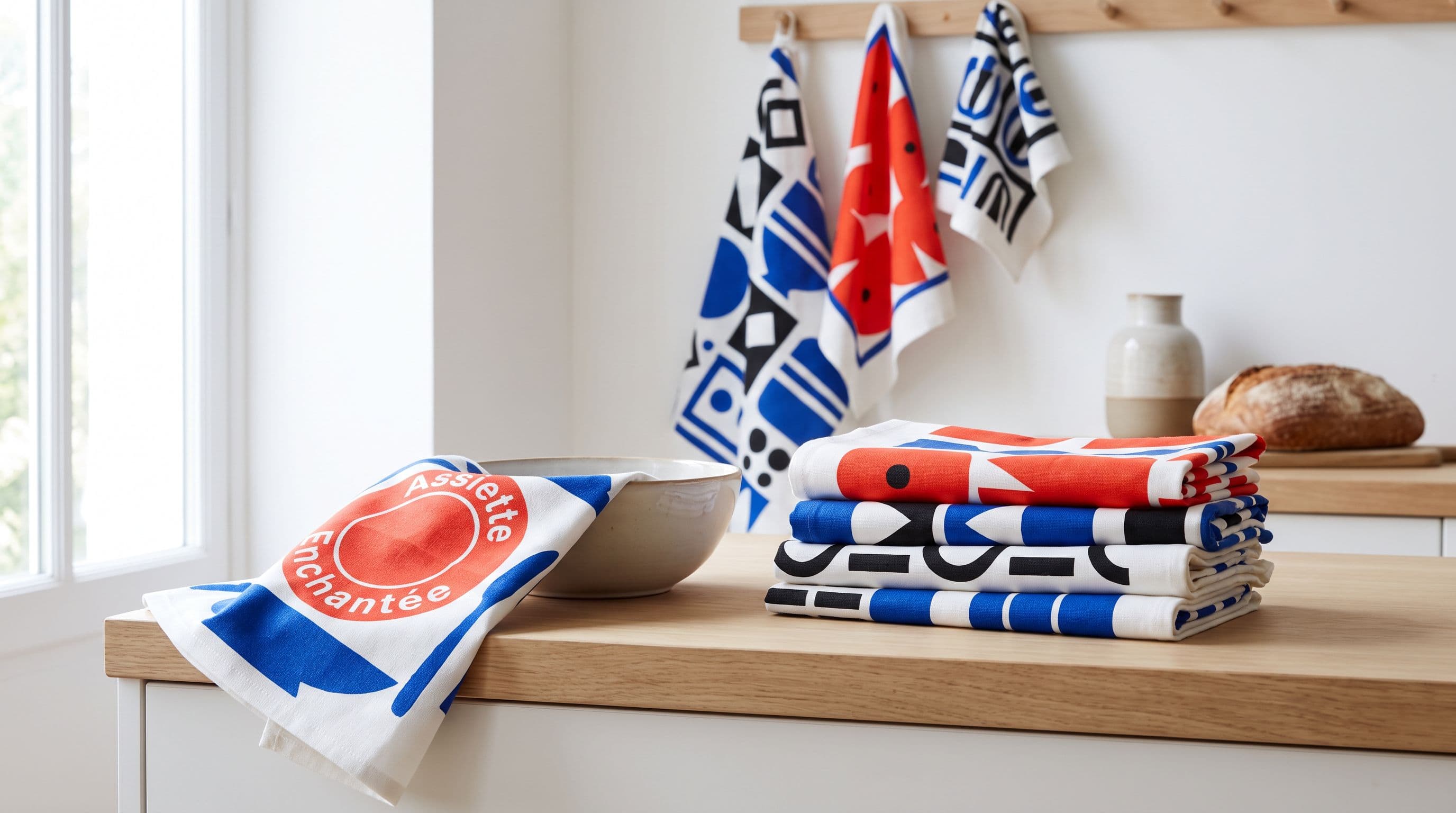 Torchons imprimés à motifs graphiques rouges, bleus et noirs dans une cuisine claire